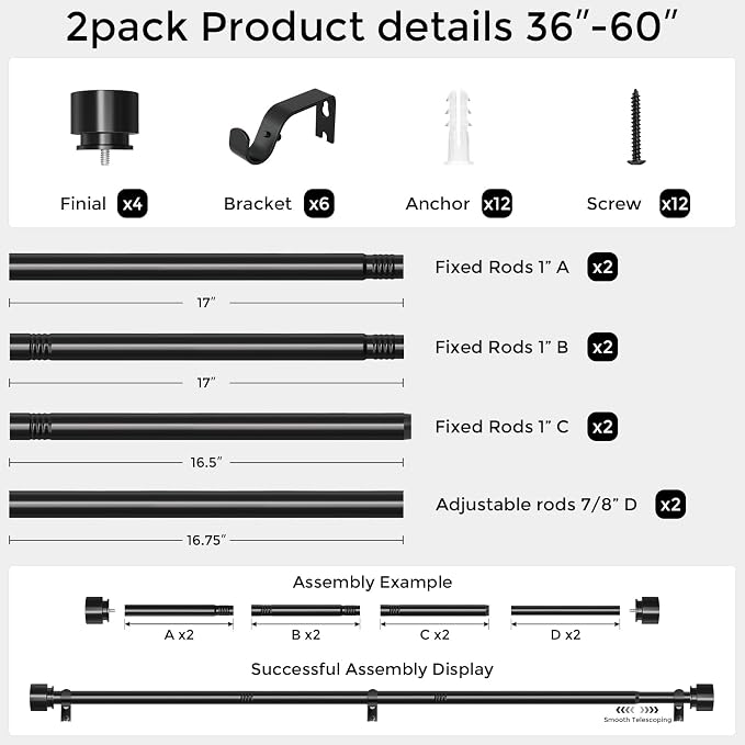 2 Pack Curtain Rods for Windows 30 to 56 Inch, Decorative Adjustable Heavy Duty - Image 5
