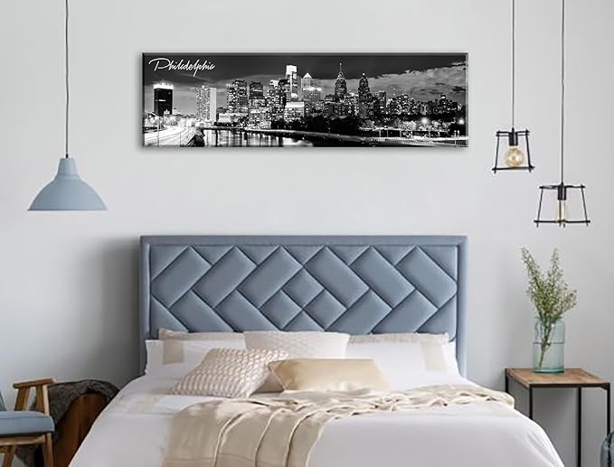 DJSYLIFE Philadelphia Skyline Canvas Art - 13.8"x47.3" Black & White Cityscape Wall Decor, Modern Panoramic Night View Print for Living Room, Office, Bedroom - Ready to Hang