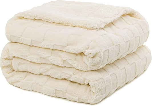 Pawque Super Soft Cozy Throw Blanket for Couch Bed - Fluffy Sherpa Fleece Reversible Thick Warm Fuzzy Blanket for All-Season, 3D Checkered Jacquard Elegant Decorative Blankets, Cream White, 50" x 60"