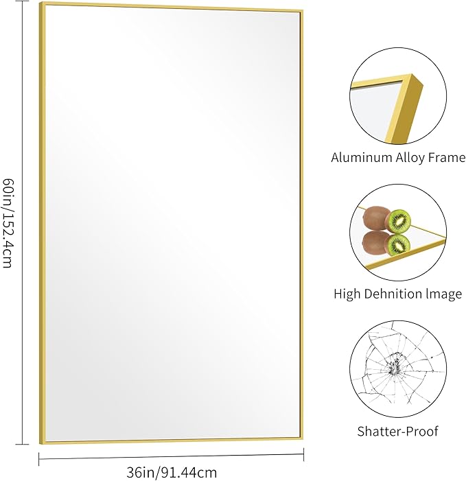 Gold Bathroom Mirror for Wall, 60x36 Inch Rectangle Mirrors with Metal Frame, Modern Vanity Wall Mirror Decor for Bathroom Living Room, Entryway Hangs Horizontal or Vertical