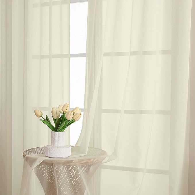 OWENIE Cream Sheer Curtain 90 Inches Long 2 Panels Set, Solid Filmy Drapes - Image 6