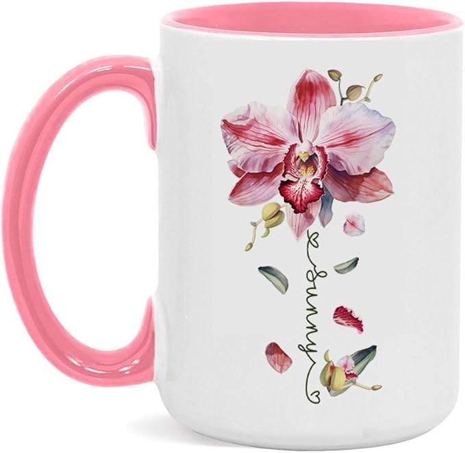 Novelty Coffee Cup With Orchid Design, Personalized Name Flower Accent Mug, Custom Orchid Flower Ceramic Cup 11oz 15oz, Customized Flower Lover Mug, Gift For Family Member