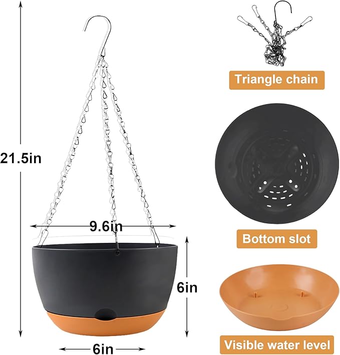 10 inch Plant Pot Hanging Planters Self Watering Pots for Indoor Plants, 3 Pack Plastic Hanging Basket with Removable Tray for Home Garden Porch Balcony Patio Decor(Black)