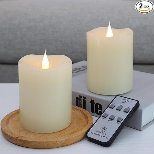 Flameless Candles Battery Operated with Remote Timer, 3D Moving Flame Flickering, Last 600+ Hours Battery Candles, 3" x 4" Ivory Real Wax Electric LED Candle for Wedding Party, Set of 2