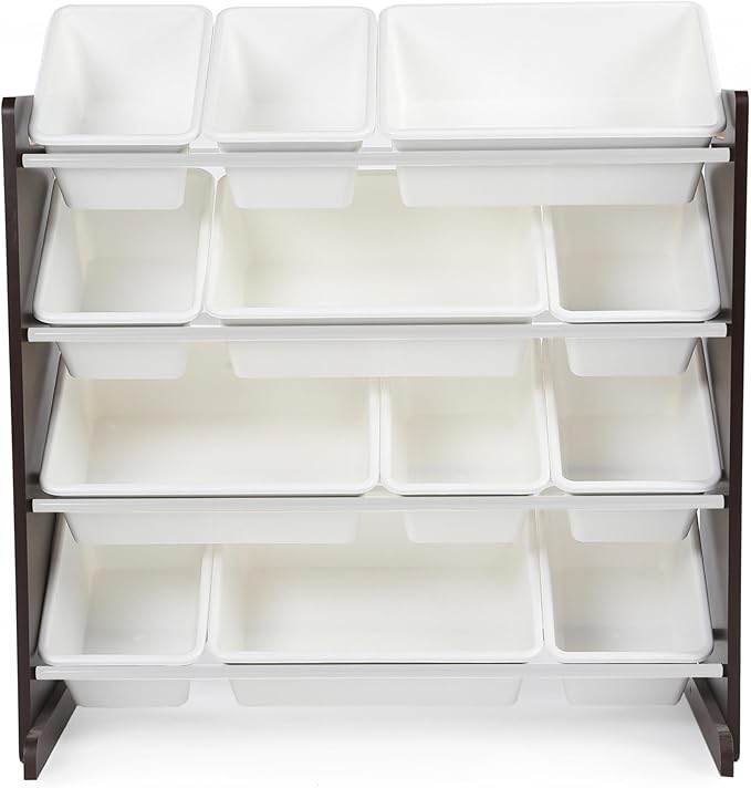 Humble Crew Kids Toy Storage Organizer with 12 Plastic Bins, Espresso/White – Removable Bins for Playroom, Bedroom, Toddler Furniture for Boys and Girls Ages