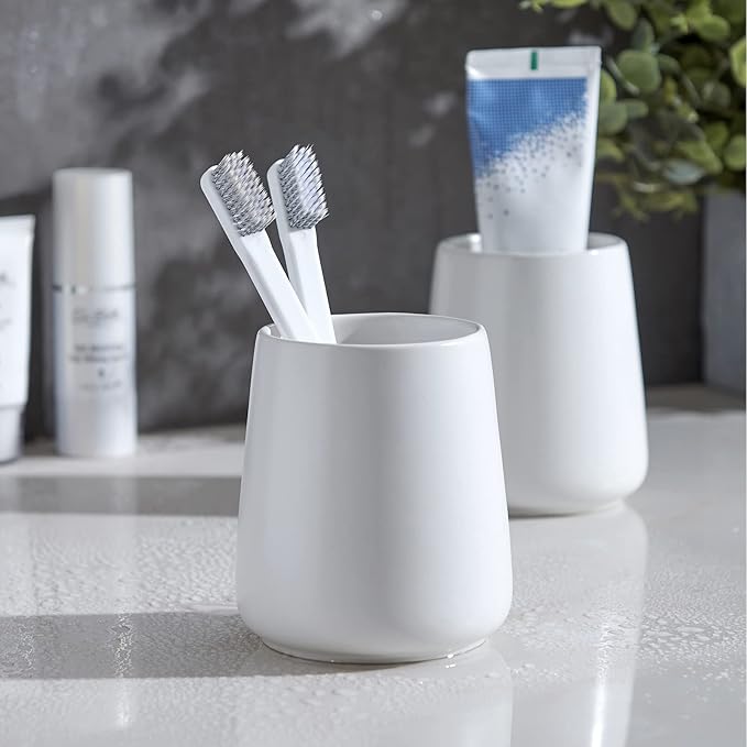 White Toothbrush Holder for Bathroom - 2Pcs Ceramic Tooth Brushing Holders Set, Toothbrush Cup & Toothpaste Organizer for Bathroom Countertop, Makeup Brush Holder, Pen Holder for Home Desktop Storage