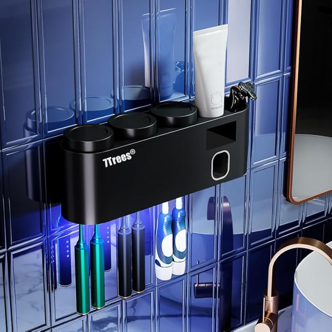 Toothbrush Sanitizer, Self Adhesive Toothbrush Holder with 3 Cups, Automatic Toothpaste Squeezer Dispenser Bathroom Accessories Set (Black)