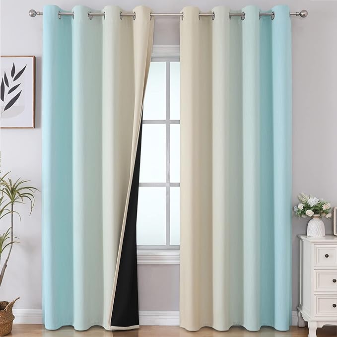 Estelar Textiler Aqua and Beige Gradient Blackout Curtains 84 Inches Long by ESTELARTEXTILER