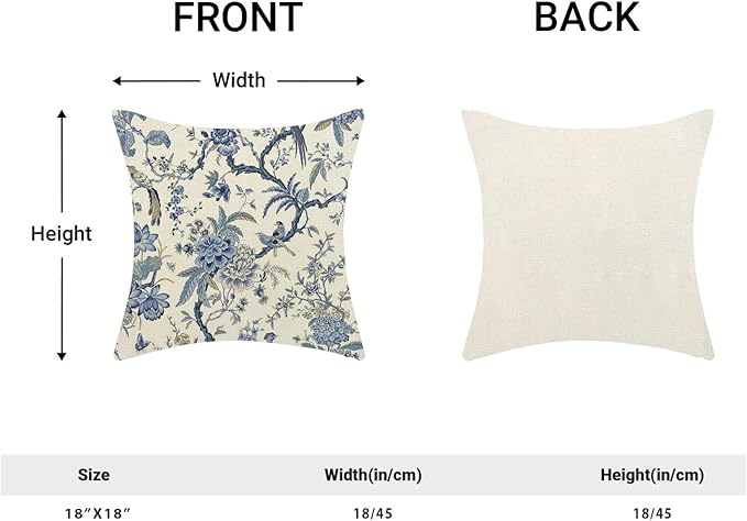 CXMEIFLY Spring Floral Birds Pillow Covers 18 x 18 Inch Set of 2 for Chinoiserie Flowers Decor Throw Pillows Blue and White Plant Outdoor Decorative Cushion Cases for Couch Bed Decorations