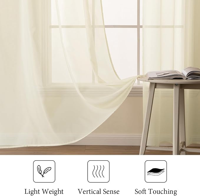 MIULEE Light Cream Sheer Curtains 90 inches Long 54 X 90 Inches, 2 Panels | - Image 4