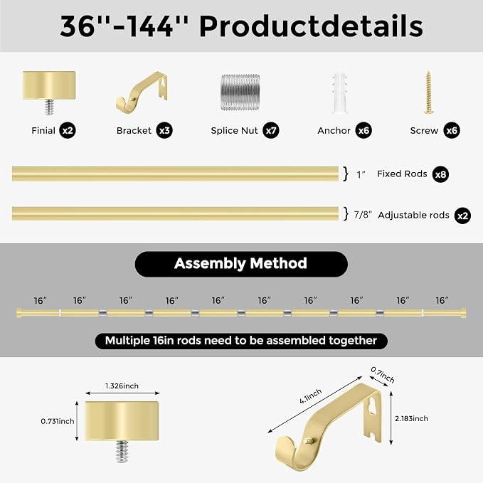 VOIIY Gold Curtain Rods for Windows 72 to 144 Inch, Size:36-144 Inch - Image 8
