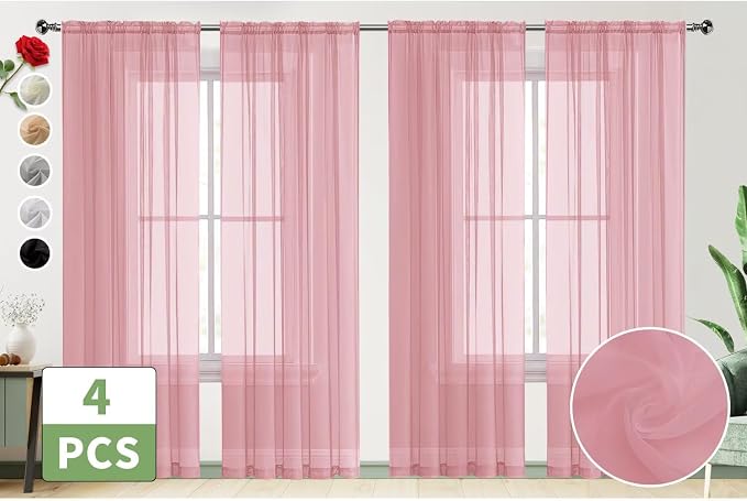 SpaceDresser Sheer Blush Curtains 4 Panels Rod Pocket Semi-Sheer Curtain 72 - Image 2