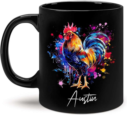 Customized Name Rooster Coffee Mug - Gift for Men Women, Personalized Black Cup, Unique Chicken Ceramic 11oz 15oz, Funny Colorful Themed