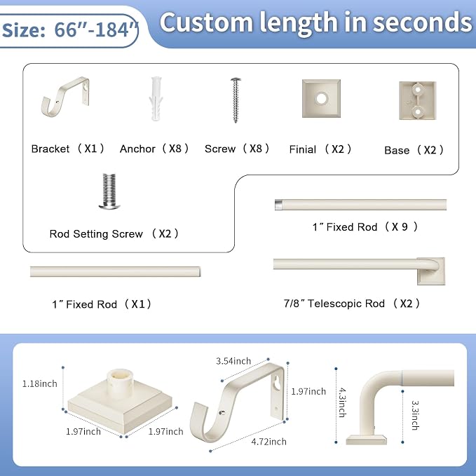 Beige White Curtain Rods for Windows 66-184 Inch Heavy Duty Wrap Around - Image 8
