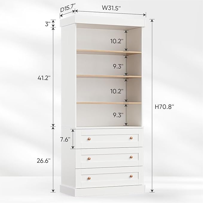 Vyre 71" Tall Farmhouse Bookshelves with Drawers, Large Modular Bookcase with Adjustable Shelves, Storage Cabinet for Living Room, Kitchen, Home Office, White