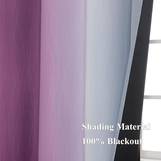 Purple and Grey Blackout Curtains 54 Inches Long, Ombre and Wavy Line Pattern - Image 5