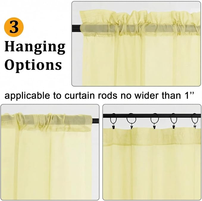 Gwine Light Yellow Sheer Curtains 72 Inches Long 2 Panels Set, Light Filtering - Image 3