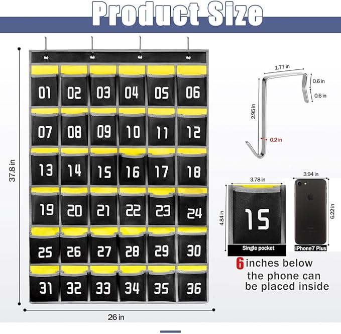 Loghot Classroom Accessories Closet Pocket Chart for Cell Phones Holder Wall Door Hanging Organizer (36 Pockets Black 2Pc)
