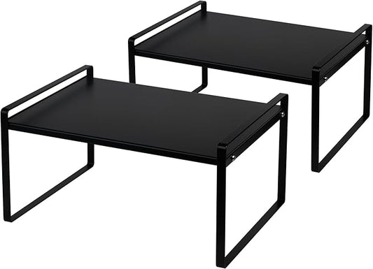 Nxconsu 2Pack Cabinet Shelves Stackable Shelf Organizer Rack Riser for Kitchen Cabinet Pantry Cupboard Counter Countertop Home Organization Storage Space Saver Heavy Duty Metal Nonslip Black Wide Tall