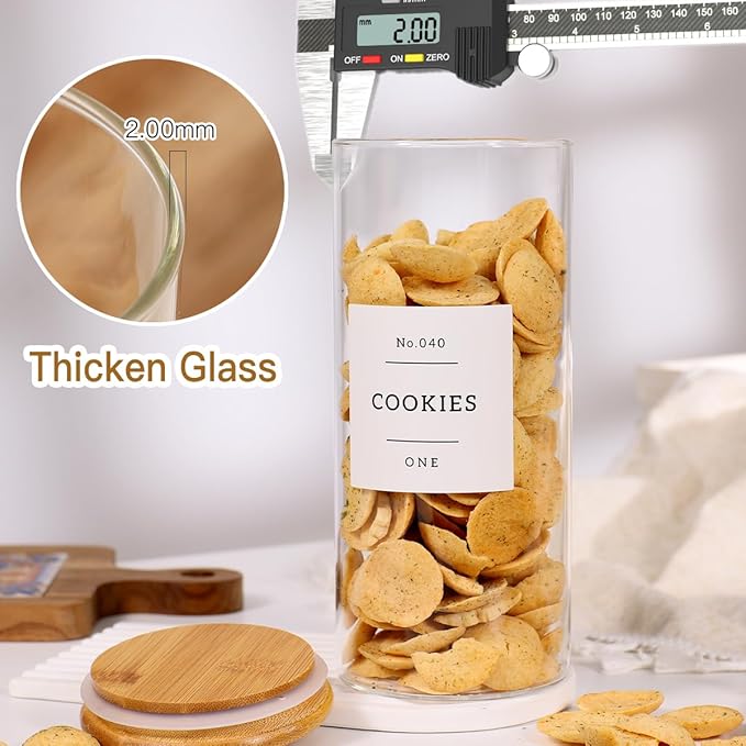 6 Pack Glass Jar with Airtight Bamboo Lid and White 132 Kichen Pantry Labels Preprinted - 28 Oz Clear Round Glass Food Storage Containers set For Tea Coffee Bean Cookie