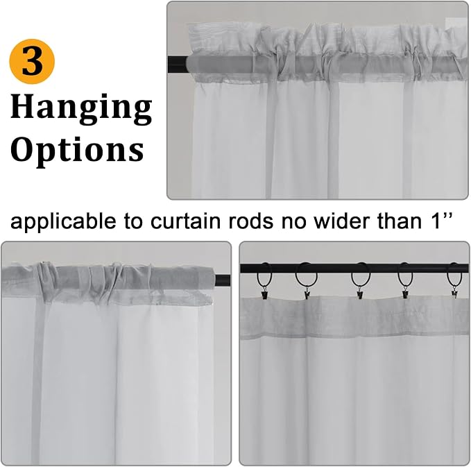 Gwine Light Grey Sheer Curtain Tiers 24 Inch Length, Light Filtering Voile - Image 5