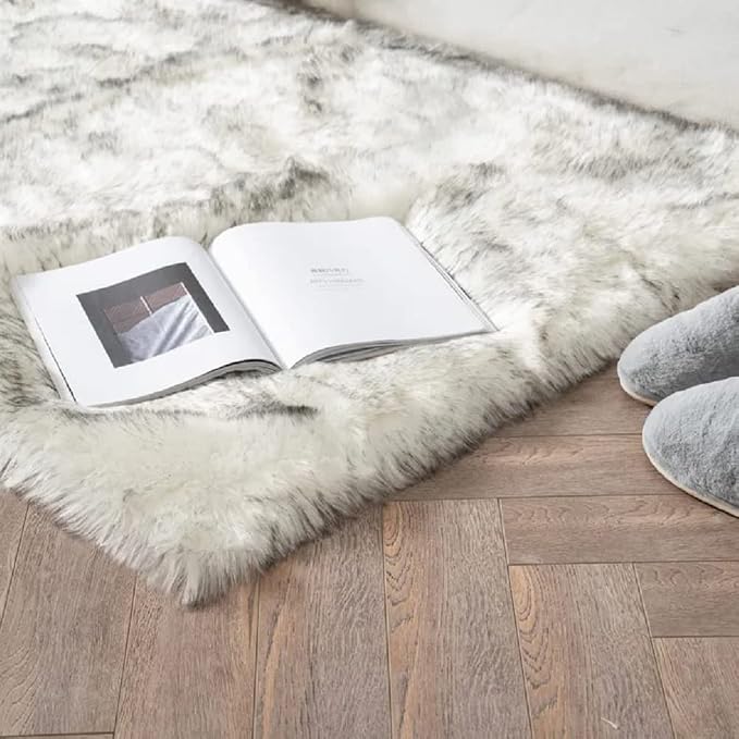 ORINOVA White and Grey Faux Fuzzy Fur Sheepskin Washable Area Rugs - Image 4
