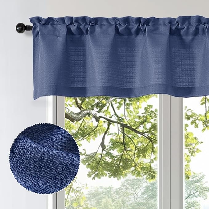 OWENIE Bob 1 PCS Blue Valances for Windows, Faux Linen Textured Kitchen Window - Image 2