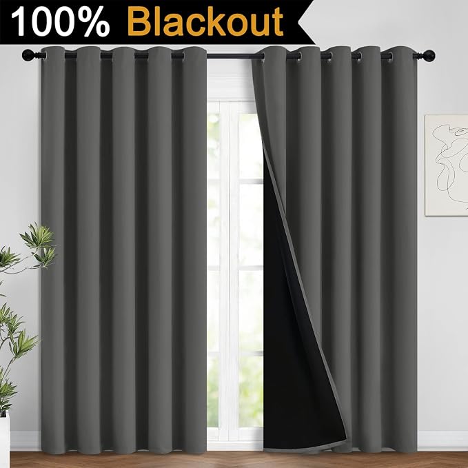 Dark Grey Full Shade Curtain Panels, Heavy Duty Lined Curtains 96 Inches Long - Image 2