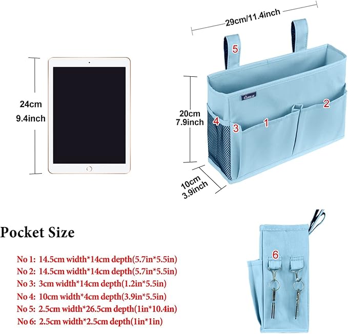 Surblue Bedside Caddy Hanging Organizer Bedside Storage Bag for Bunk and Hospital Beds (Small, Skyblue)