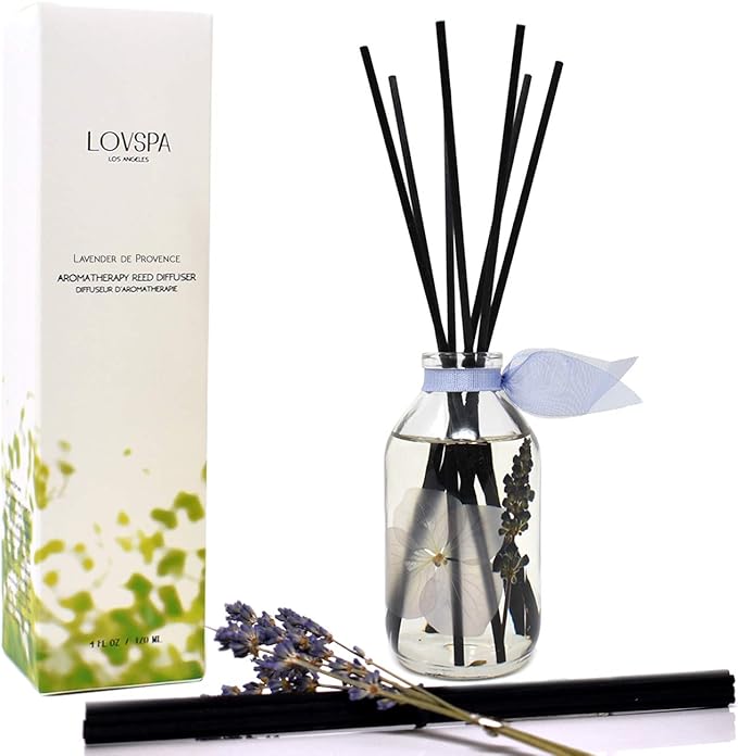 LOVSPA Reed Diffuser Set, Lavender De Provence Scented Oil Diffuser with Sticks, Home Fragrance Accessories for Bathroom Shelf Decor, Aroma Diffusers for Home or Office Desk, USA Made