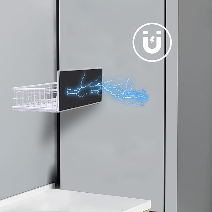 Magnetic Basket, Magnetic Shelf for Fridge, Magnetic Spice Rack for Refrigerator Wire Mesh Magnetic Organizer Holder Accessories for Office Kitchen Classroom Storage,White, 9.44" x 4" x 1.77"