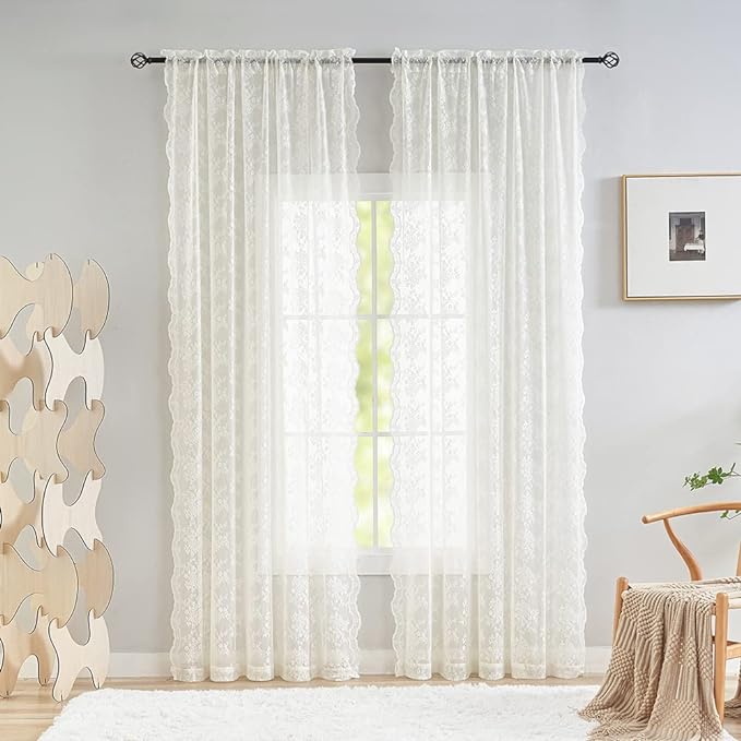 YJ YANJUN Vintage Lace Curtains 72 Inches Long- Antique Flowers Ivory Sheer - Image 2