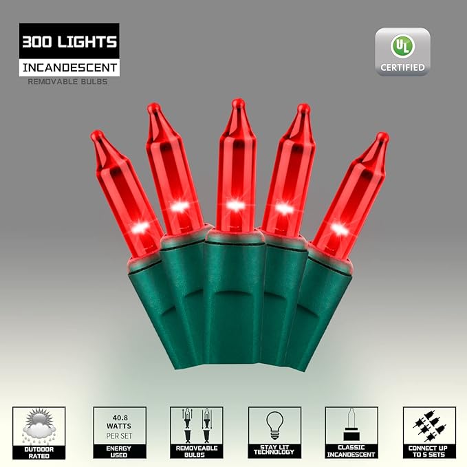 300LIGHTS(2*150L) RED Extra-Bright with End Connectors Christmas Decorative Lights 19.44m UL Certified Mini String Light Set Waterproof for Home Garden Holiday Tree Party Patio Decor Wedding