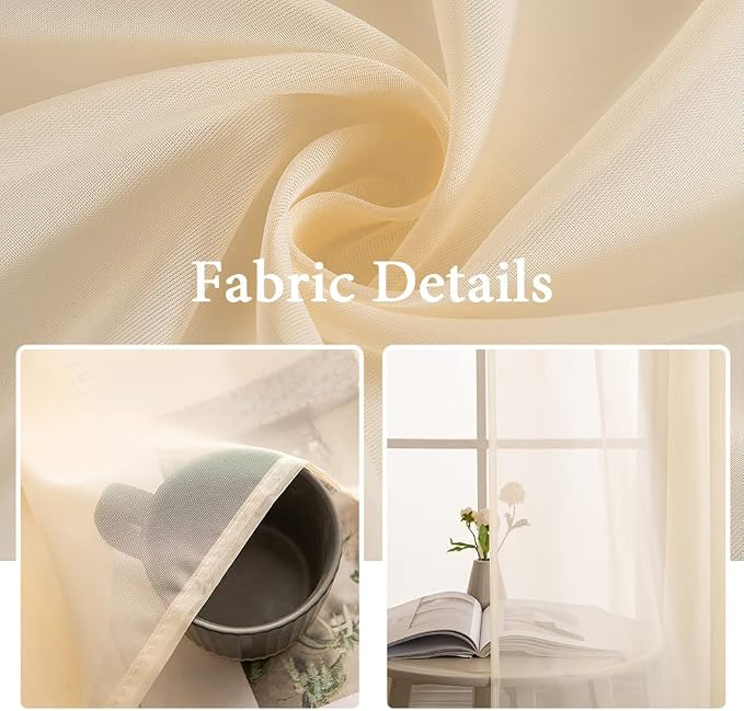 MIULEE Cream Beige Sheer Curtains 54 X 54 Inches, 2 Panels | Solid Color - Image 3