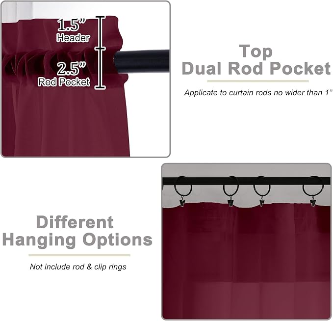Burgundy Sheer Curtain for Bedroom Living Room 72 Inches Long 2 Panels Set - Image 4