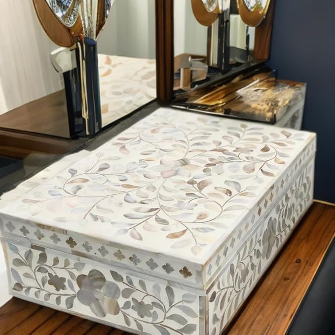 Decorative Storage Box Of Mother Of Pearl Inlay Floral Design Wooden Storage Box For Home Decoration For Living Dining & Bedroom (White_12x8x5 inch)