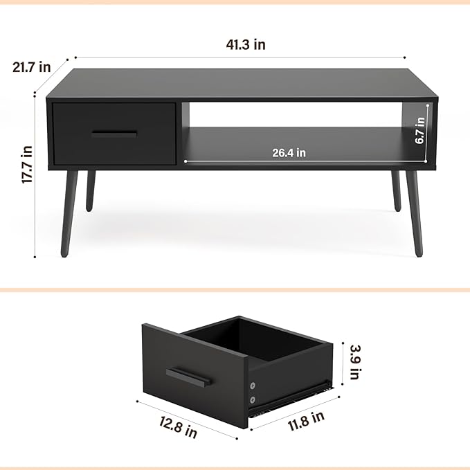 HAIOOU Coffee Table, Mid Century Modern Style Cocktail Table TV Stand with Drawer, Open Storage Shelf, Stable Floor-Anti-Scratching Pine Leg for Home, Office, Living Room - Black