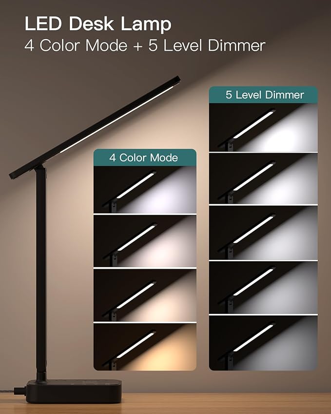 Addtam LED Desk Lamp, Power Strip with 3 Outlets 4 USB Charging Ports(2 USBC), 4 Modes 5 Level Brightness Touch Lamp, Small Desk Lamp for Home Office College Dorm Room Essentials