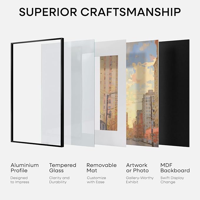 Homeforia 11x22 Black Newspaper Frame, High End Metal 11 x 22 Picture Frame without Mat, 22x11 Thin Black Poster Frames for Wall, 11by22 inches Display Photo Frames, Tempered Glass, Wall Kit, Set of 1