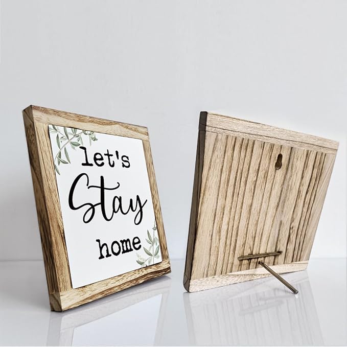 Rustic Wooden “Let’s Stay Home” Sign – Wooden Plaques Sign Table Decor, Shelf or Desk Decor, Farmhouse Living Room and Family Room Decoration, Cozy Home Accent and Housewarming Gift