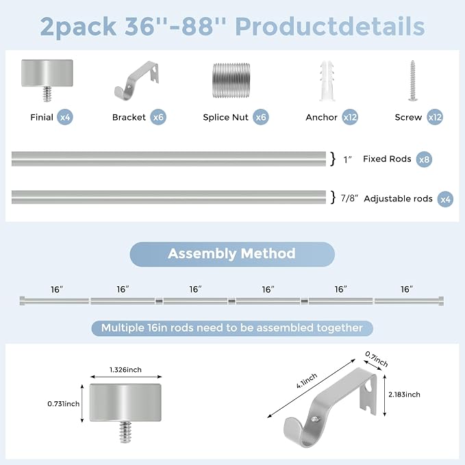 VOIIY 2 Pack Curtain Rods for Windows 48 to 84 Inch, Modern Adjustable Heavy - Image 8