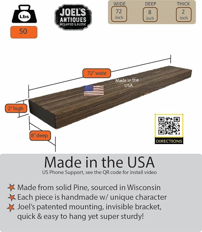 joelsantiques 72 Inch Wooden Floating Shelves for Wall - 72x8x2 in - Made of Natural Wood - Long Heavy Duty Rustic Wall Shelves for Bedroom - Perfect for Living Room, Kitchen - Medium Brown