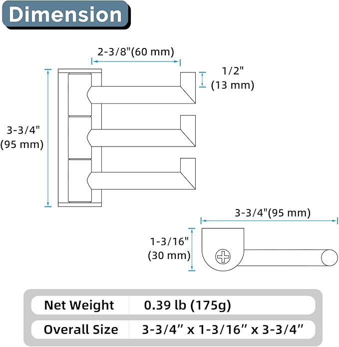 Angle Simple Swivel Towel Hook 3 Arms, SUS 304 Stainless Steel Foldable Robe Towel Hook for Bathroom, Wall Coat Holder, Brushed Nickel