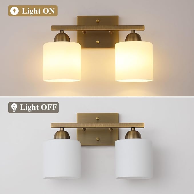 Stainless Steel Milk Glass Vanity Lights for Bathroom, 2 Light Brass Bathroom Light Fixtures Over Mirror, Ceramic E26 Sockets Wall Mounted