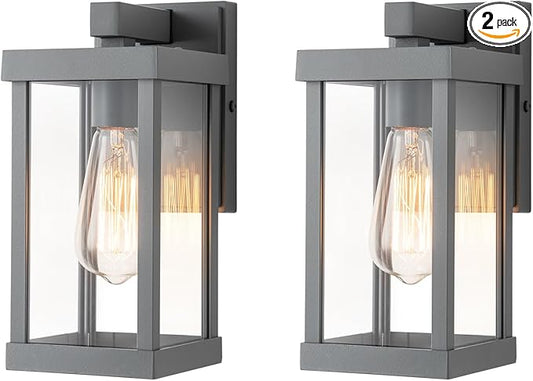 mirrea 11" Classic Outdoor Wall Sconce 1 Light in Matte Gray Rectangular Metal Frame and Clear Glass Shade Waterproof Porch Light Patio Light Pack of 2