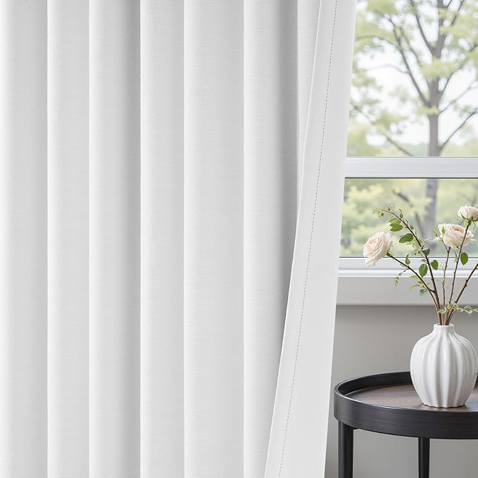 90 inch long 100% Blackout linen curtains 2 Panels set Beige White Window Drapes - Image 4