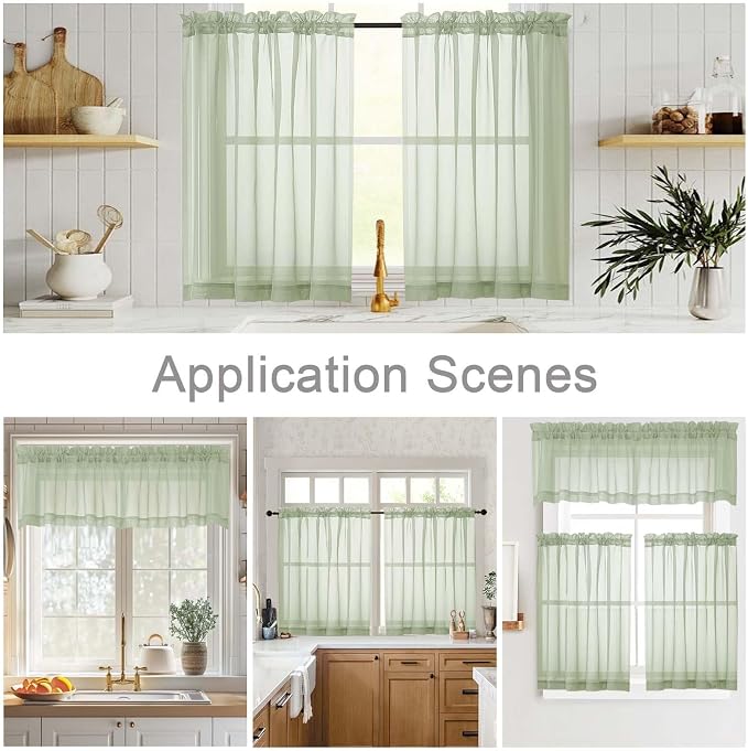 Kitchen Curtains 24 Inch Length Tier 2 Pieces, Light Green Sheer Curtain Solid - Image 6