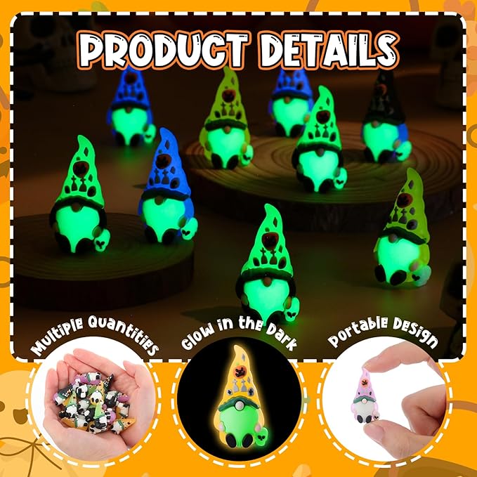 Wesiti 50 Pcs Luminous Halloween Mini Gnomes Figurines Bulk Glow in Dark Miniature Ornaments Hide and Seek Tiny Gnomes Figures Statue Halloween Party Favor Bag Fillers Garden Dollhouse Decor Gifts