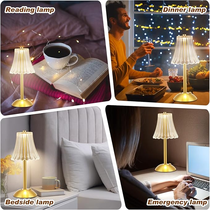 Liliful 4 Pcs LED Portable Cordless Table Lamp Touch Battery Operated Rechargeable Desk Lamp 3 Color Dimmable for Bedroom Living Room Dining (Rose Style,Gold)