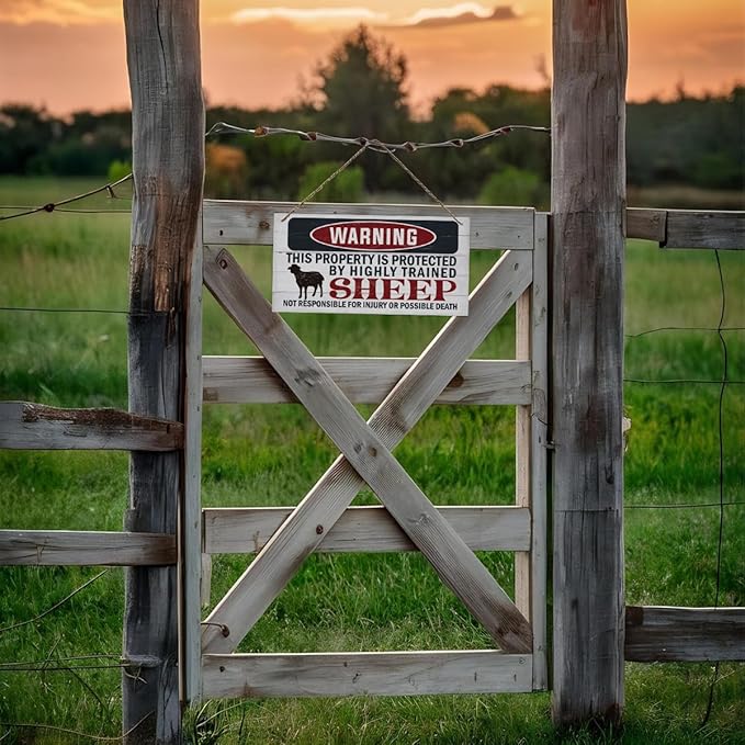 Funny Warning Signs, The Property is Protected By Highly Trained Sheep Sign, Decorative Wood Hanging Wood Plaque, Sheep Wall Decor, Farm Fence Decor, Home Garden Decor for Indoor Outdoor Use